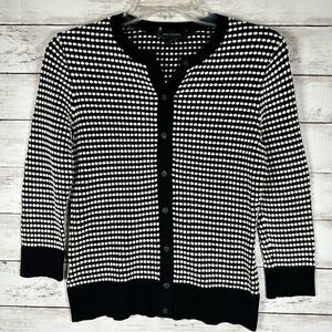 Ann Taylor Textured Cardigan Sweater Black White Crew Neck Button Up 3/4 Sleeve